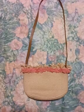 Straw Crossbody Bag with Pink Fringe